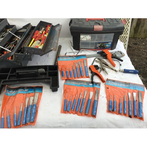 161 - 3 TOOL BOXES AND CRATE OF TOOLS, VICES ETC