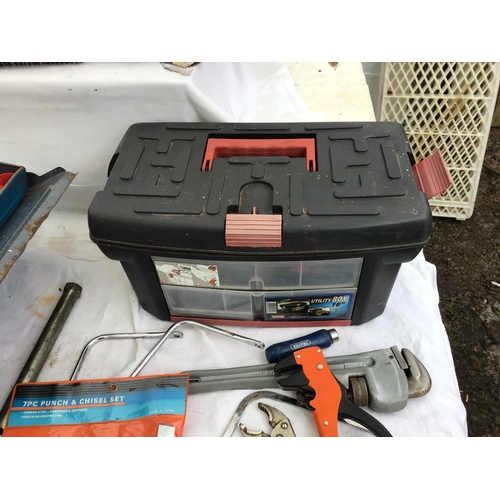 161 - 3 TOOL BOXES AND CRATE OF TOOLS, VICES ETC