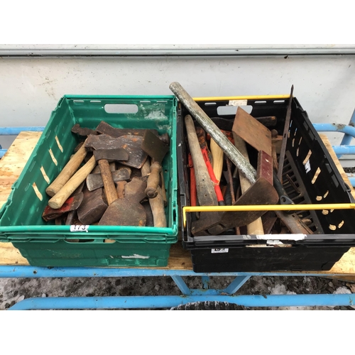 173 - 2 CRATES OF VINTAGE AXE HEADS AND AXES,CLEAVER ETC