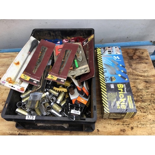 175 - CRATE OF SOCKETS, BRICKIE TROWEL SET ETC