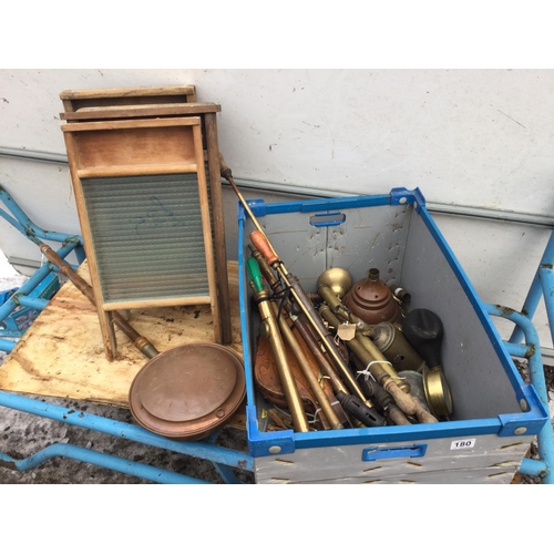 180 - CRATE OF BRASS & WOODEN ITEMS TO INCLUDE BRASS SPRAYS, BELLOWS, BLOW LAMPS AND SCRUBBING BOARDS