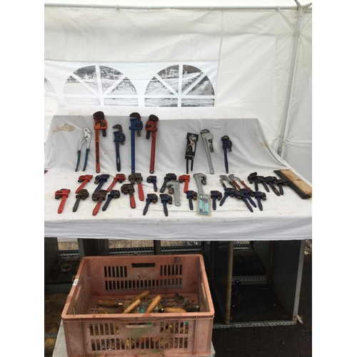 187 - CRATE OF MONKEY WRENCHES, PLIERS ETC