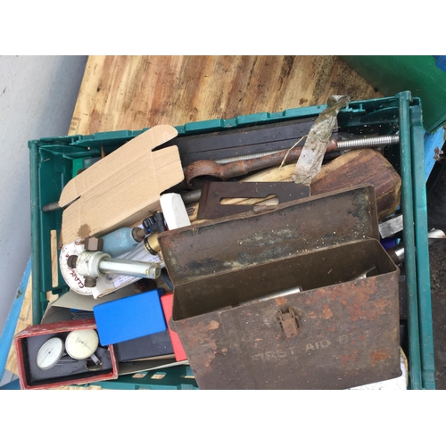 191 - 2 CRATES OF HARDWARE TO INCLUDE TOOLS, SHARPENING STONES , GAUGES ETC