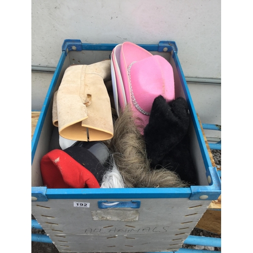 192 - BOX OF HATS, WIGS AND LADIES BOOTS ETC