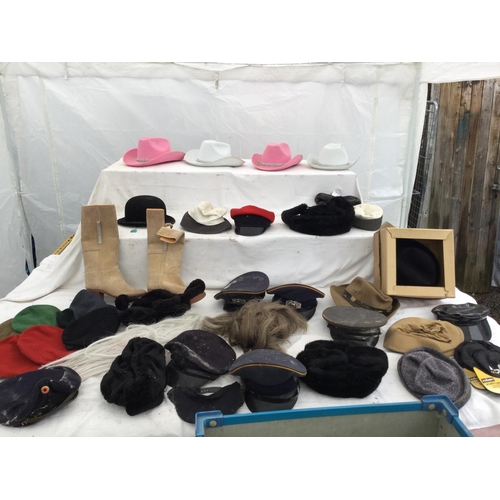 192 - BOX OF HATS, WIGS AND LADIES BOOTS ETC