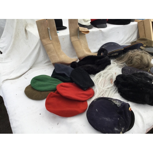 192 - BOX OF HATS, WIGS AND LADIES BOOTS ETC