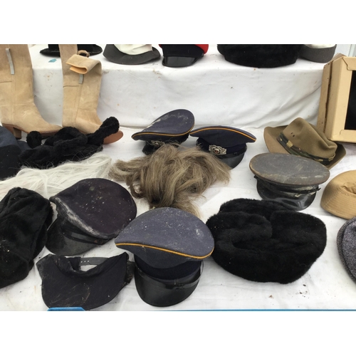 192 - BOX OF HATS, WIGS AND LADIES BOOTS ETC