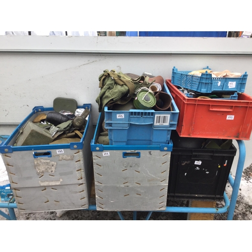 193 - 5 CRATES OF ARMY ITEMS TO INCLUDE BELTS, CANVAS BAGS, SHOVELS, HELMETS, BERETS, CLOTHING ETC