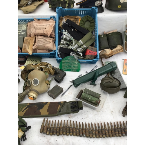 193 - 5 CRATES OF ARMY ITEMS TO INCLUDE BELTS, CANVAS BAGS, SHOVELS, HELMETS, BERETS, CLOTHING ETC