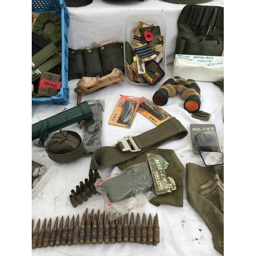 193 - 5 CRATES OF ARMY ITEMS TO INCLUDE BELTS, CANVAS BAGS, SHOVELS, HELMETS, BERETS, CLOTHING ETC