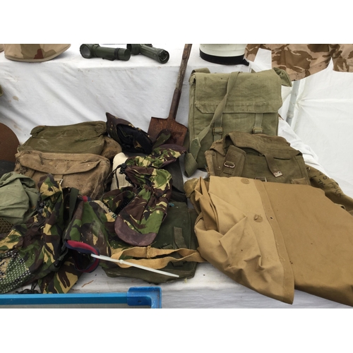 193 - 5 CRATES OF ARMY ITEMS TO INCLUDE BELTS, CANVAS BAGS, SHOVELS, HELMETS, BERETS, CLOTHING ETC