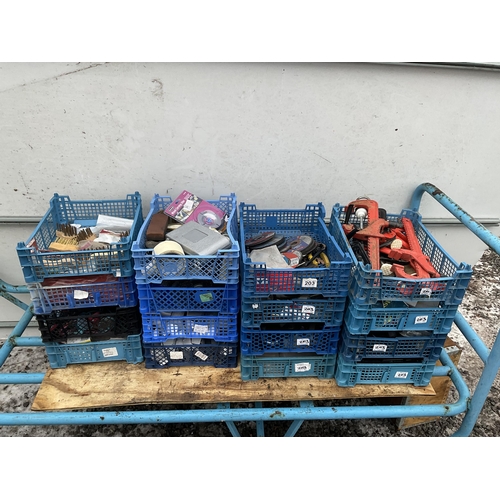 203 - 16 SMALL PLASTIC TRAYS OF TOOLS TO INCLUDE GRINDING WHEELS, CLAMPS ETC