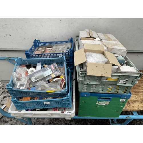 209 - 4 CRATES AND 4 PLASTIC TRAYS OF HARDWARE TOOLS ETC