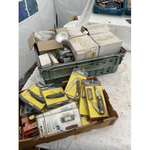 209 - 4 CRATES AND 4 PLASTIC TRAYS OF HARDWARE TOOLS ETC