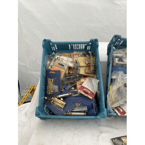 209 - 4 CRATES AND 4 PLASTIC TRAYS OF HARDWARE TOOLS ETC