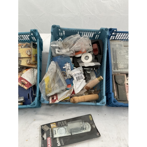 209 - 4 CRATES AND 4 PLASTIC TRAYS OF HARDWARE TOOLS ETC