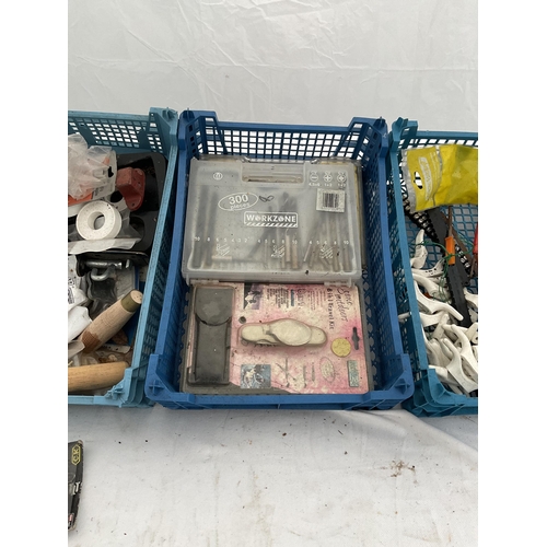 209 - 4 CRATES AND 4 PLASTIC TRAYS OF HARDWARE TOOLS ETC