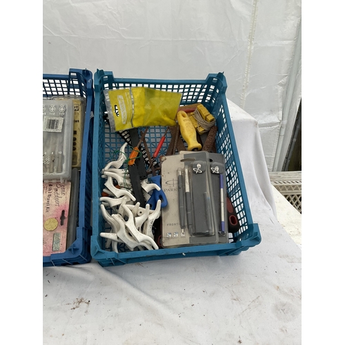 209 - 4 CRATES AND 4 PLASTIC TRAYS OF HARDWARE TOOLS ETC