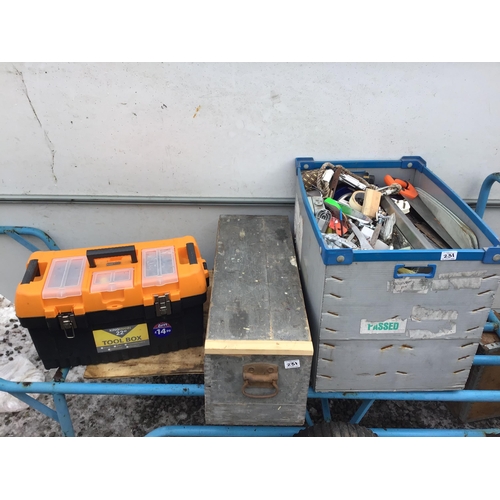 231 - CRATE OF TOOLS, WOODEN BOX AND TOOL BOX OF TOOLS