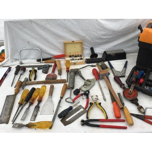 231 - CRATE OF TOOLS, WOODEN BOX AND TOOL BOX OF TOOLS