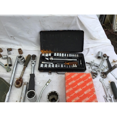 233 - CRATE OF SPANNERS, SOCKET SET ETC