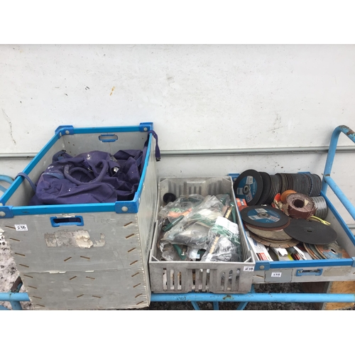 238 - 3 CRATES OF HARDWARE - GRINDING  WHEELS TOOLS ETC