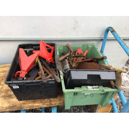 239 - 2 CRATES OF TOOLS TO INCLUDE AXLE STANDS ETC