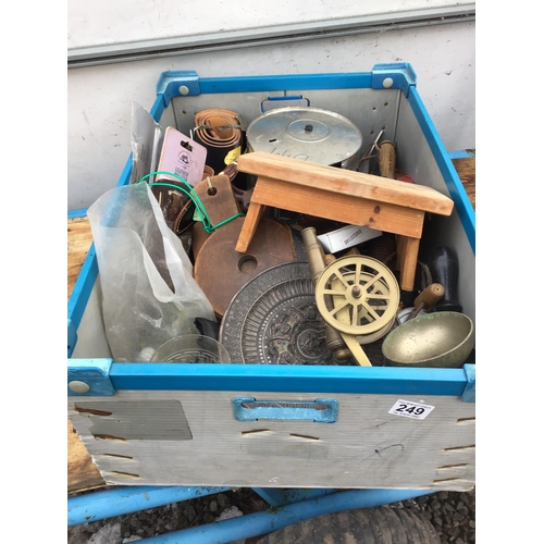 249 - CRATE OF ODDS TO INCLUDE BRASSWARE, SMALL STOOL, BELLOWS ETC