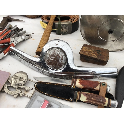 249 - CRATE OF ODDS TO INCLUDE BRASSWARE, SMALL STOOL, BELLOWS ETC