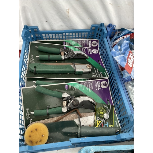 265 - 2 CRATES OF HARDWARE AND 6 PLASTIC CRATES OF TOOLS - AXES, PRUNERS ETC