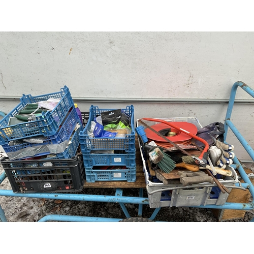 265 - 2 CRATES OF HARDWARE AND 6 PLASTIC CRATES OF TOOLS - AXES, PRUNERS ETC