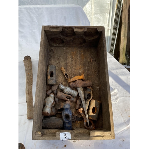 5 - CRATE AND WOODEN BOX OF VINTAGE AXE HEADS AND HAMMER HEADS