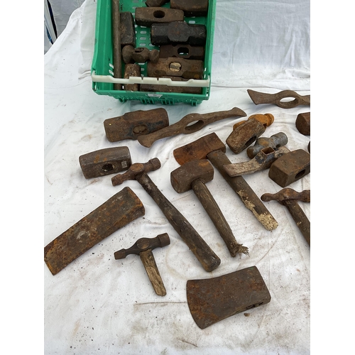 5 - CRATE AND WOODEN BOX OF VINTAGE AXE HEADS AND HAMMER HEADS