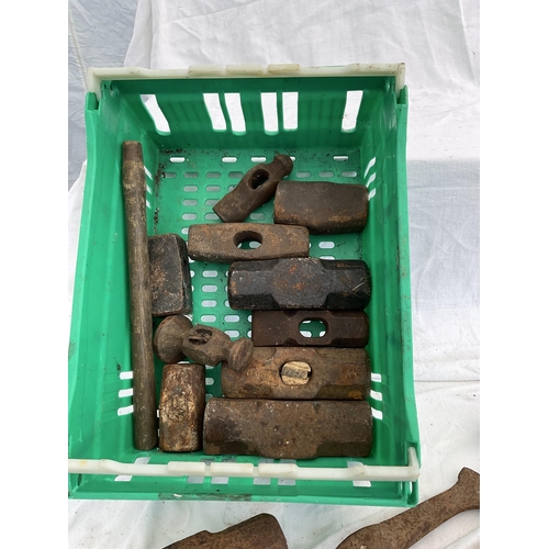 5 - CRATE AND WOODEN BOX OF VINTAGE AXE HEADS AND HAMMER HEADS