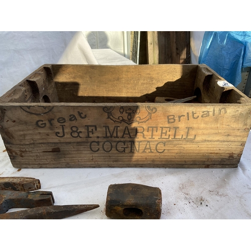 5 - CRATE AND WOODEN BOX OF VINTAGE AXE HEADS AND HAMMER HEADS