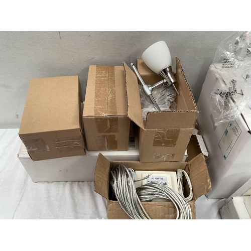 10 - 2 BOXES TO INCLUDE CEILING LIGHTS, LIGHT FITTINGS, OUTDOOR LIGHT, SPOTLIGHT BULBS ETC