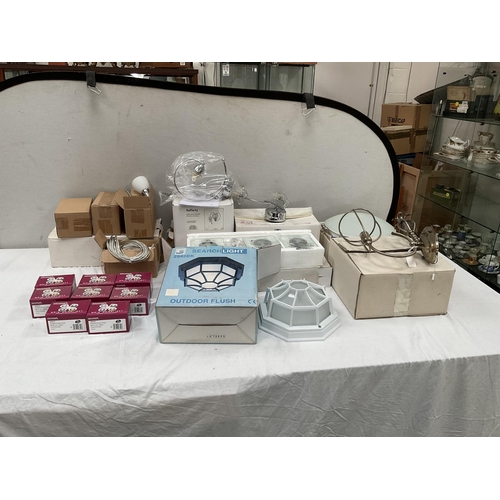 10 - 2 BOXES TO INCLUDE CEILING LIGHTS, LIGHT FITTINGS, OUTDOOR LIGHT, SPOTLIGHT BULBS ETC