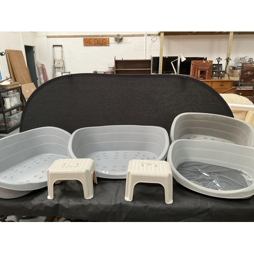 16 - 4 PLASTIC DOG BEDS AND 2 STEP STOOLS