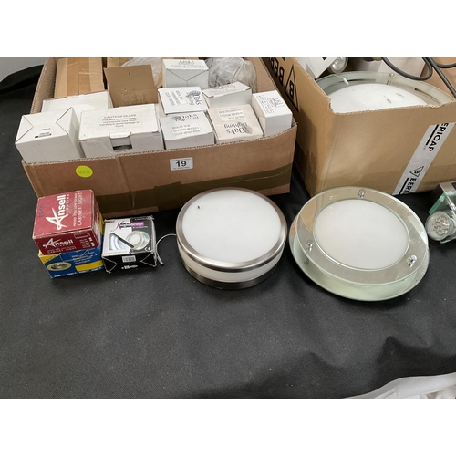 19 - 2 BOXES TO INCLUDE CEILING AND WALL LIGHT FITTINGS AND SPOT LIGHT BULBS ETC