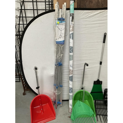 25 - NEW ALUMINIUM ROTARY WASHING LINE, BLACKOUT ROLLER BLIND, LEAF SWEEPER AND  PAN AND 2 HAY FORKS A/F