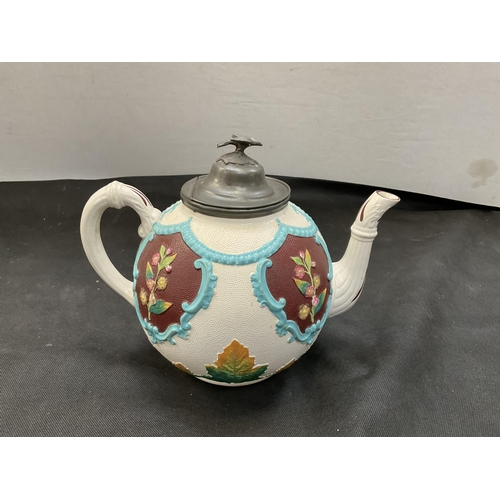 110 - VICTORIAN STAFFORDSHIRE TEA POT WITH PEWTER LID H9