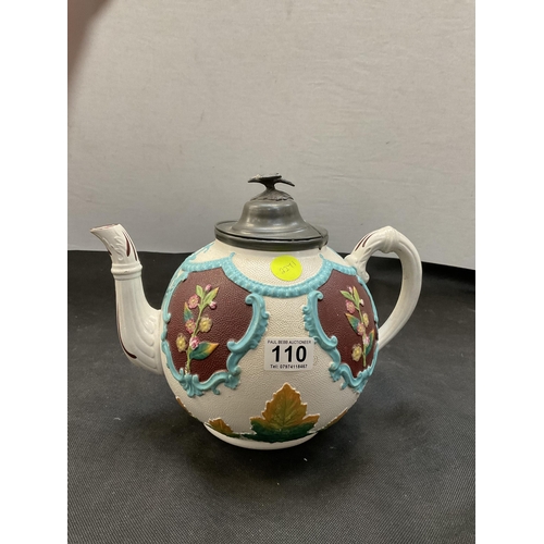 110 - VICTORIAN STAFFORDSHIRE TEA POT WITH PEWTER LID H9