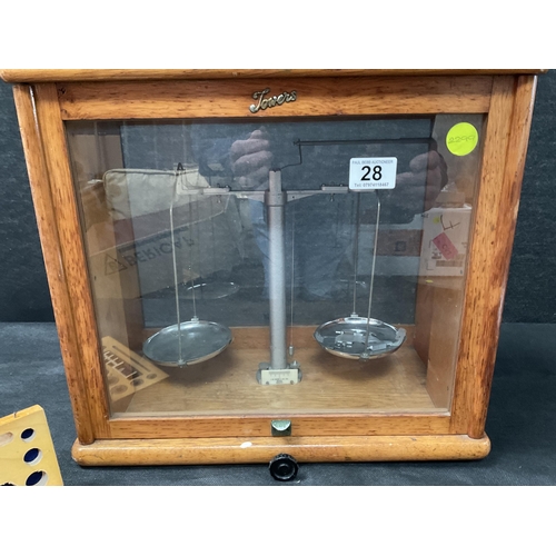 28 - OAK CASED JW TOWERS AND CO LTD BALANCE SCALES H15