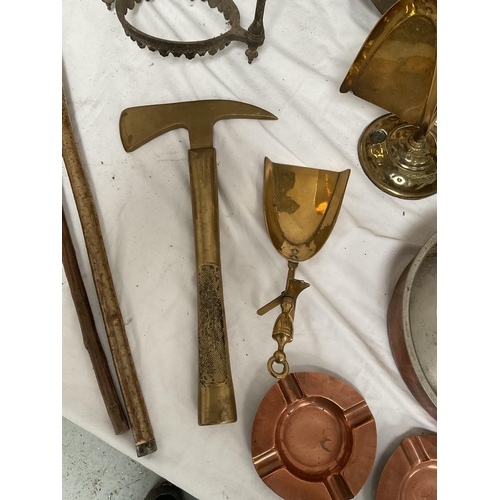 39 - BOX OF BRASS AND COPPERWARE TO INCLUDE CANDLESTICKS,BRASS FIREMANS AXE, COPPER PLATE, 2 WALKING CANE... 