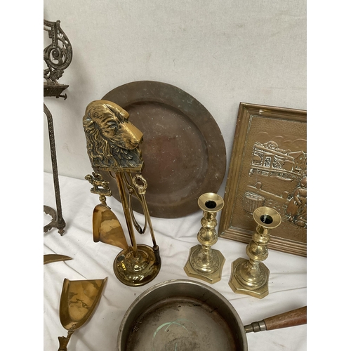 39 - BOX OF BRASS AND COPPERWARE TO INCLUDE CANDLESTICKS,BRASS FIREMANS AXE, COPPER PLATE, 2 WALKING CANE... 