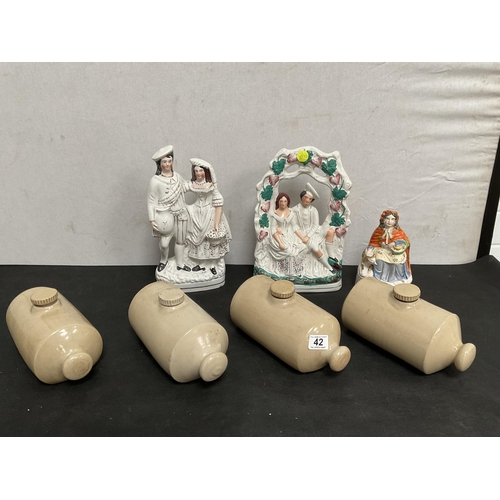 42 - BOX TO INCLUDE VICTORIAN STAFFS FLAT BACK FIGURES A/F AND 4 EARTHENWARE HOT WATER BOTTLES