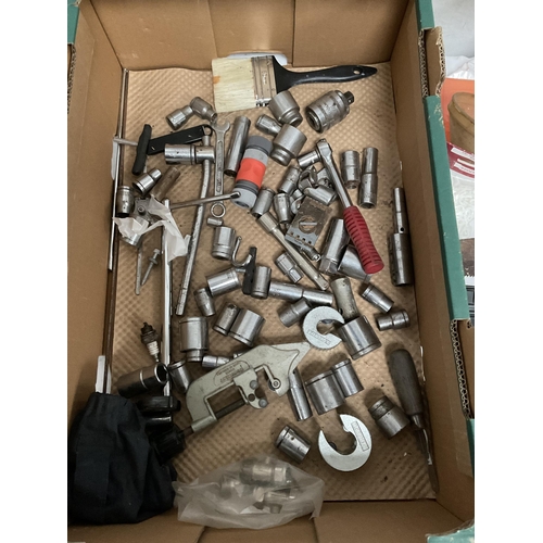 48 - BOX OF TOOLS TO INCLUDE G CLAMPS, SOCKETS, SAW ETC