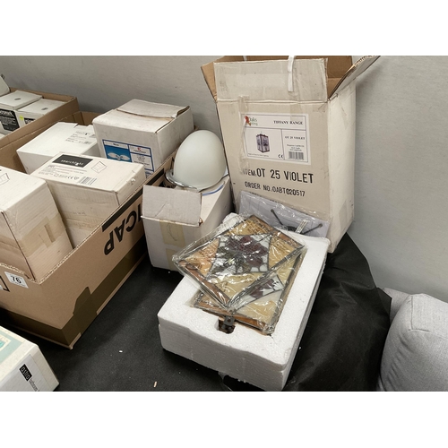 76 - 2 BOXES OF LIGHT FITTINGS AND DOWN LIGHTER BULBS