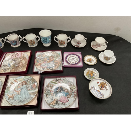 79 - BOX OF CHINA TO INCLUDE COMMERATIVE WARE BOXED ROYAL WORCESTER PLAQUES ETC