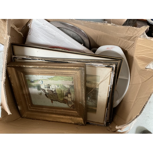 80 - 3 BOXES OF ODDS TO INCLUDE FRAMED PICTURES, VINTAGE TELEPHONE, CLOCK FACE ETC